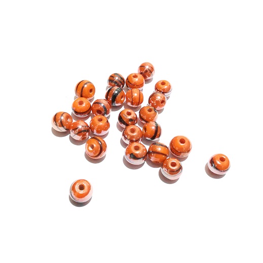 Handmade India Glass Bead/8mm Luster Orange w/Black Strip/30pc