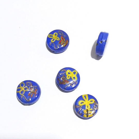 Handmade India Glass Bead/18X8mm Blue Wheel-Goldline/10pc