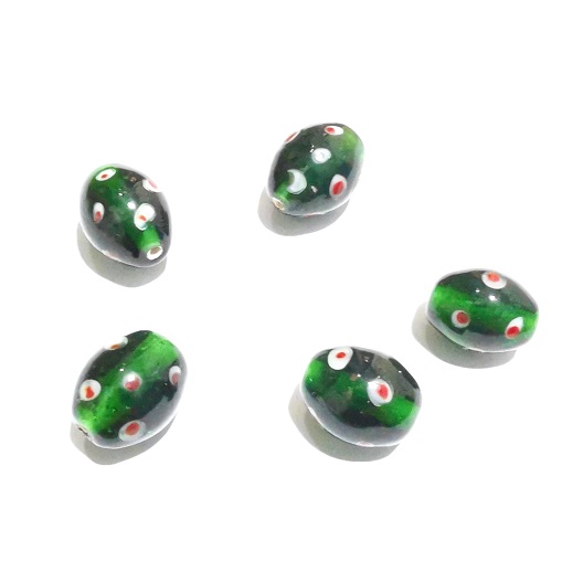 Handmade India Glass Bead/16x13mm Oval Green/Dots/8pc